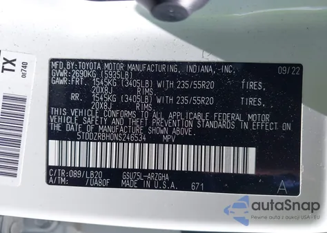 2022 Toyota Highlander Limited z USA, uszkodzony, nr VIN 5TDDZRBH0NS246534